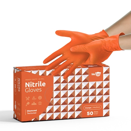 Wecare WMN1002, Disposable Gloves, 8 mil Palm, Nitrile, Powder-Free, M, 50 PK, Orange WMN100249